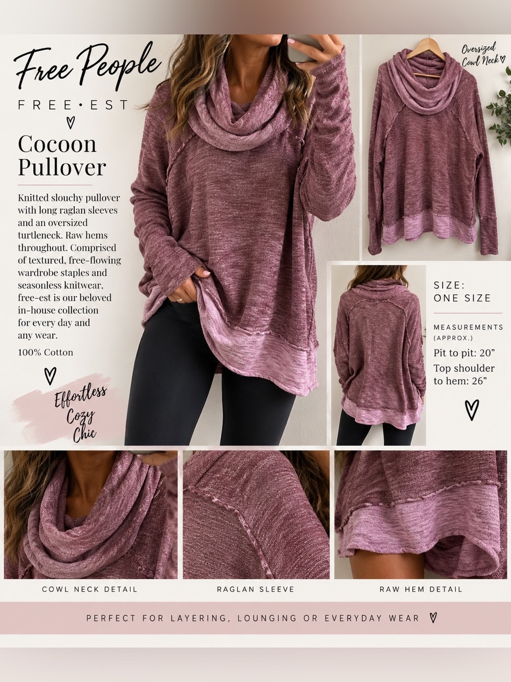 (#D) Free People Beach One Body Cocoon Cowl Neck Pullover Sweater One Size